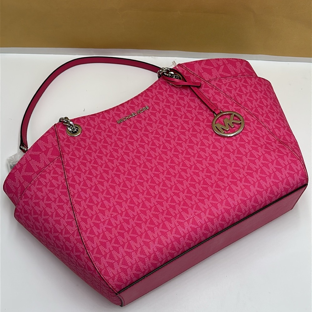 MICHAEL KORS  Jet Set Travel Large Signature Chain Shoulder Tote Bag Dragonfruit - Picture 13 of 14